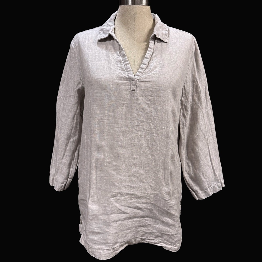 Tahari L Oatmeal Beige 100% Linen 3/4 Tunic Top Mother of Pearl Granola Bohemian